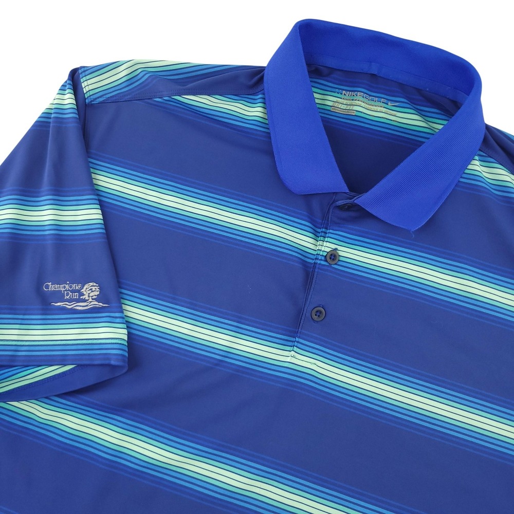 Nike Golf Dri-FIT Polo Shirt Mens L Blue Stripe Champions Run Golf Performance